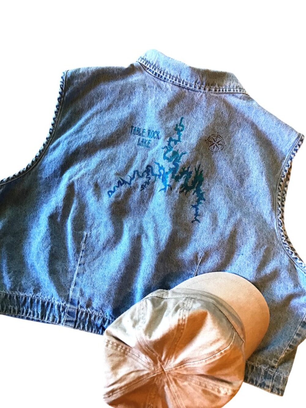 Upcycled Cropped Denim Vest, Painted Table Rock Lake Map Plus Size